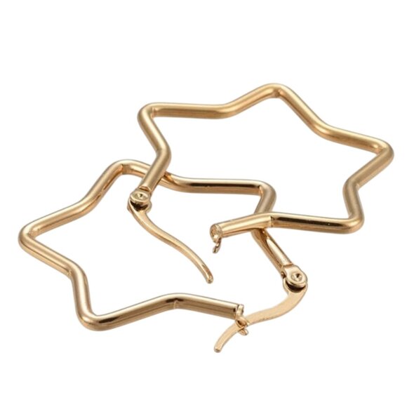 1 1/4 Inch 35mm Hoop Gold Star Pierced Post Earrings - Picture 2 of 3